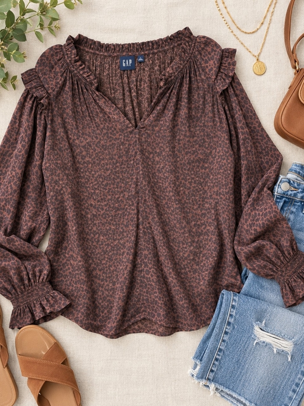 GAP Brown Leopard-Print V-Neck Ruffle Blouse - Picture 2 of 6